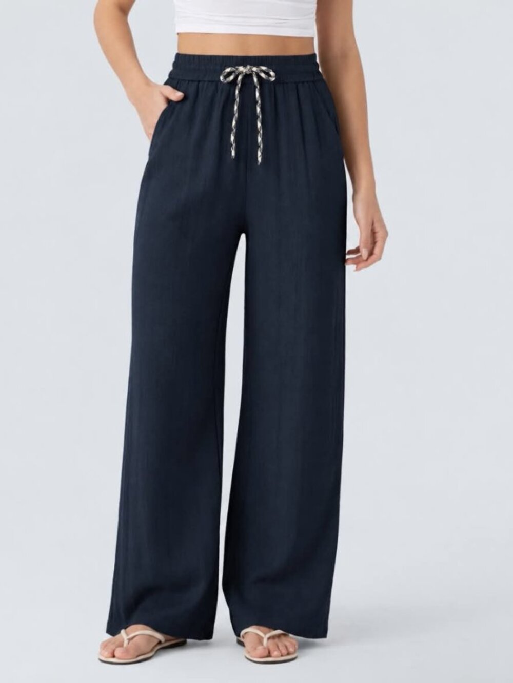 Halara MEDIUM High Waisted Drawstring Wide Leg Baggy Casual Linen-Feel Pants